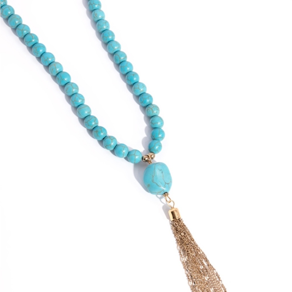 Turquoise Beaded Necklace with Gold Tassel